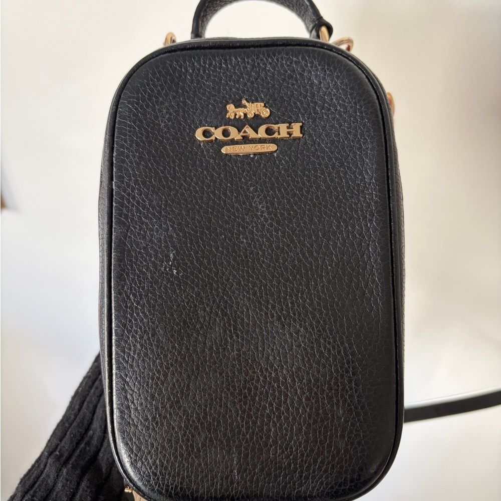 Coach Black Pebbled Leather Mini Crossbody with Gold Logo